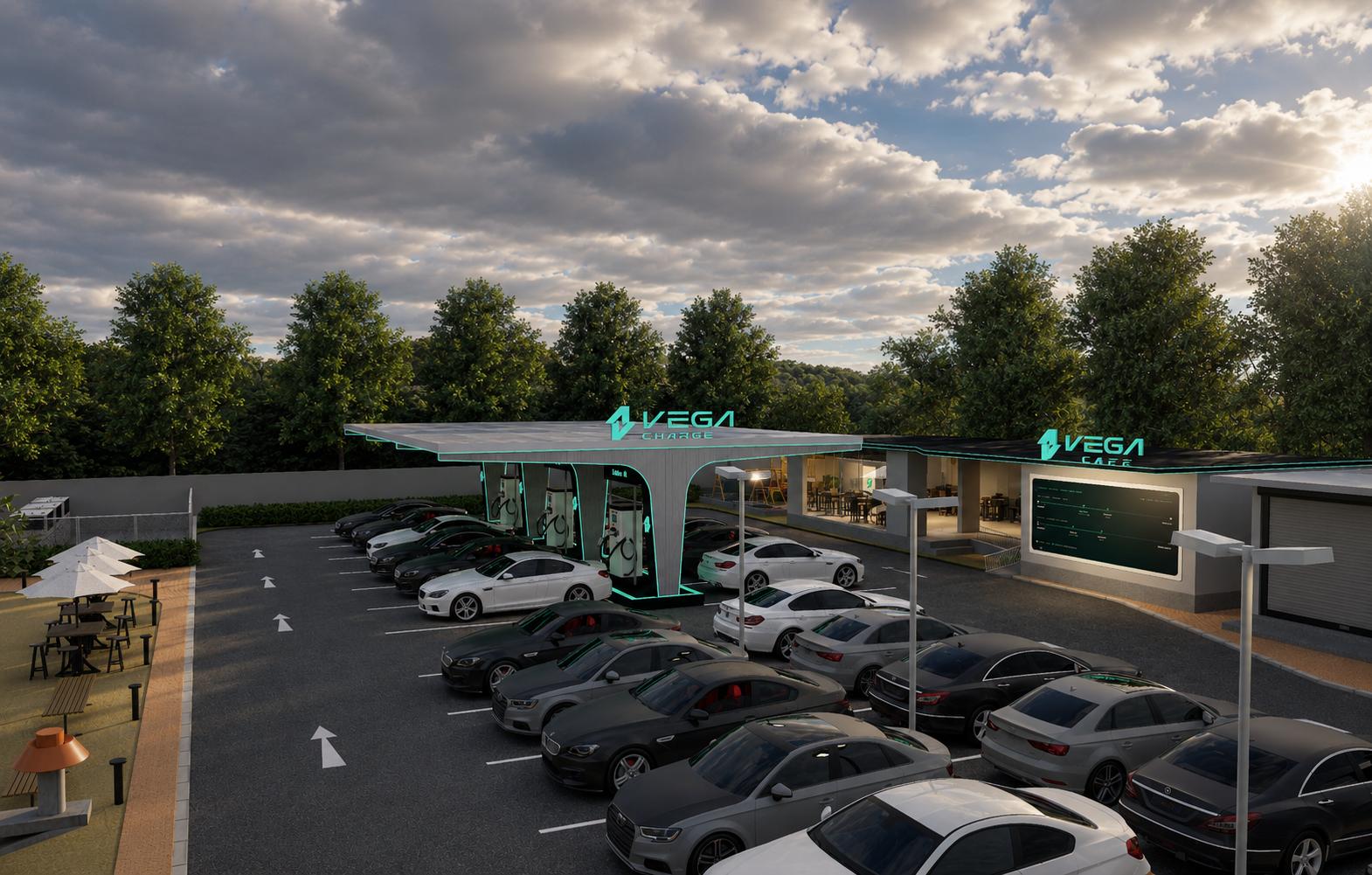 Vega Charge station forecourt with multiple vehicles charging