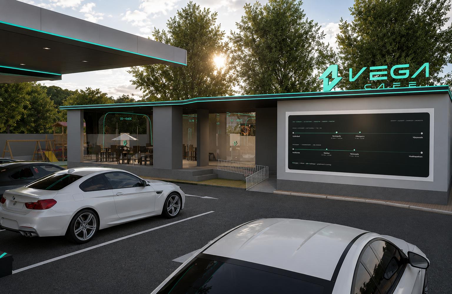 Vega Charge station Café and hub, with waiting and play area